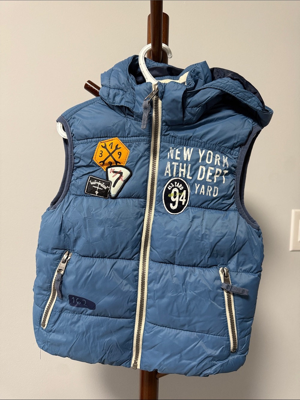 Blue Puffer Hooded Vest with Athletic Patches